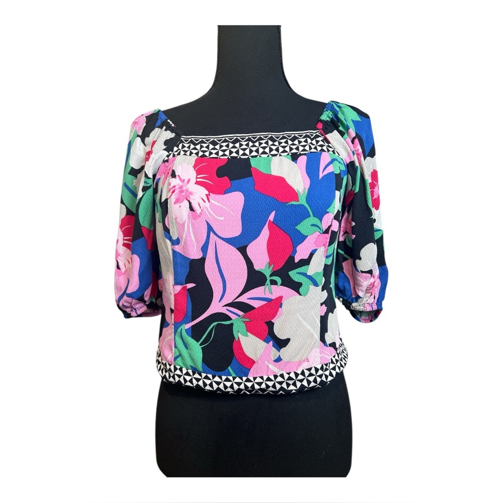 Nine West Women's Puff Sleeve Pink and Blue Colorful Square Neck Blouse, Size XS